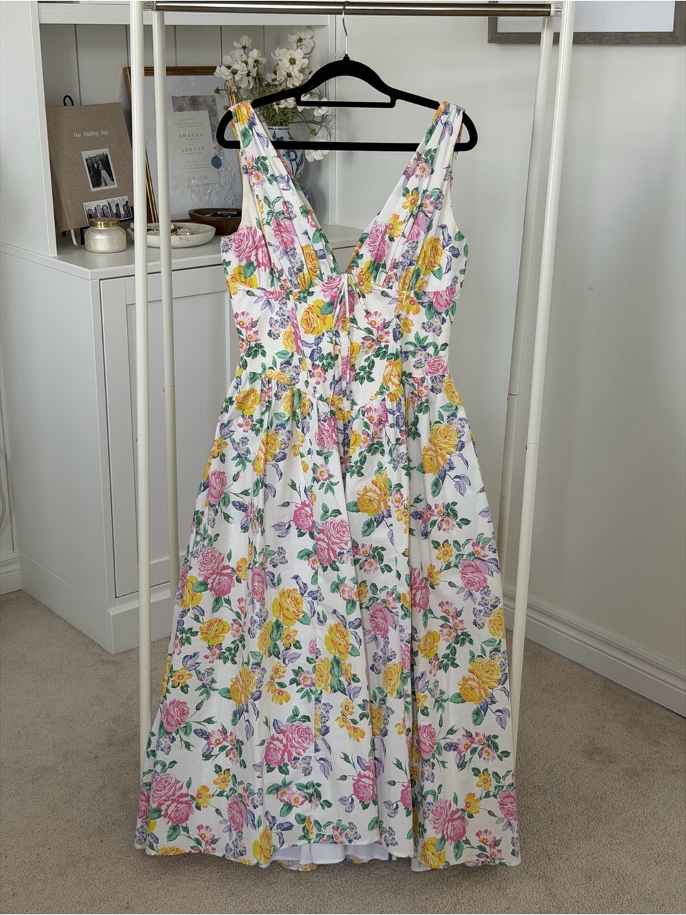House of CB White Maxi Dress with Pink & Yellow Floral Print